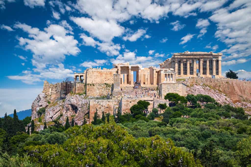 A view of the Acropolis of Athens from Pnyx Hill in Athens, Greece