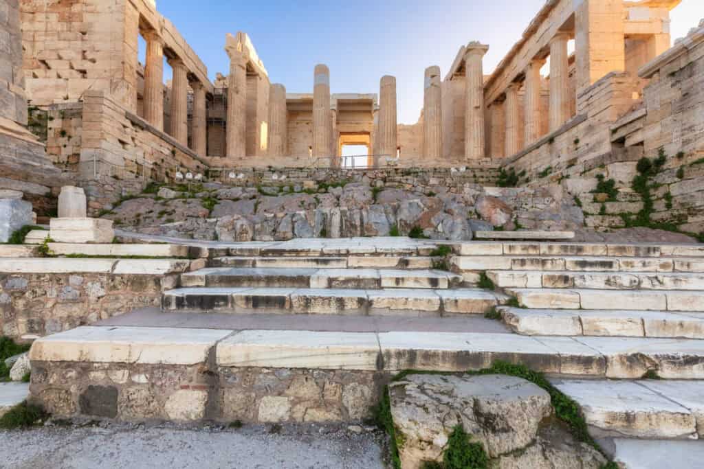 Steps leading up to the Propylaea, the main entrance to the Acropolis of Athens in Greece